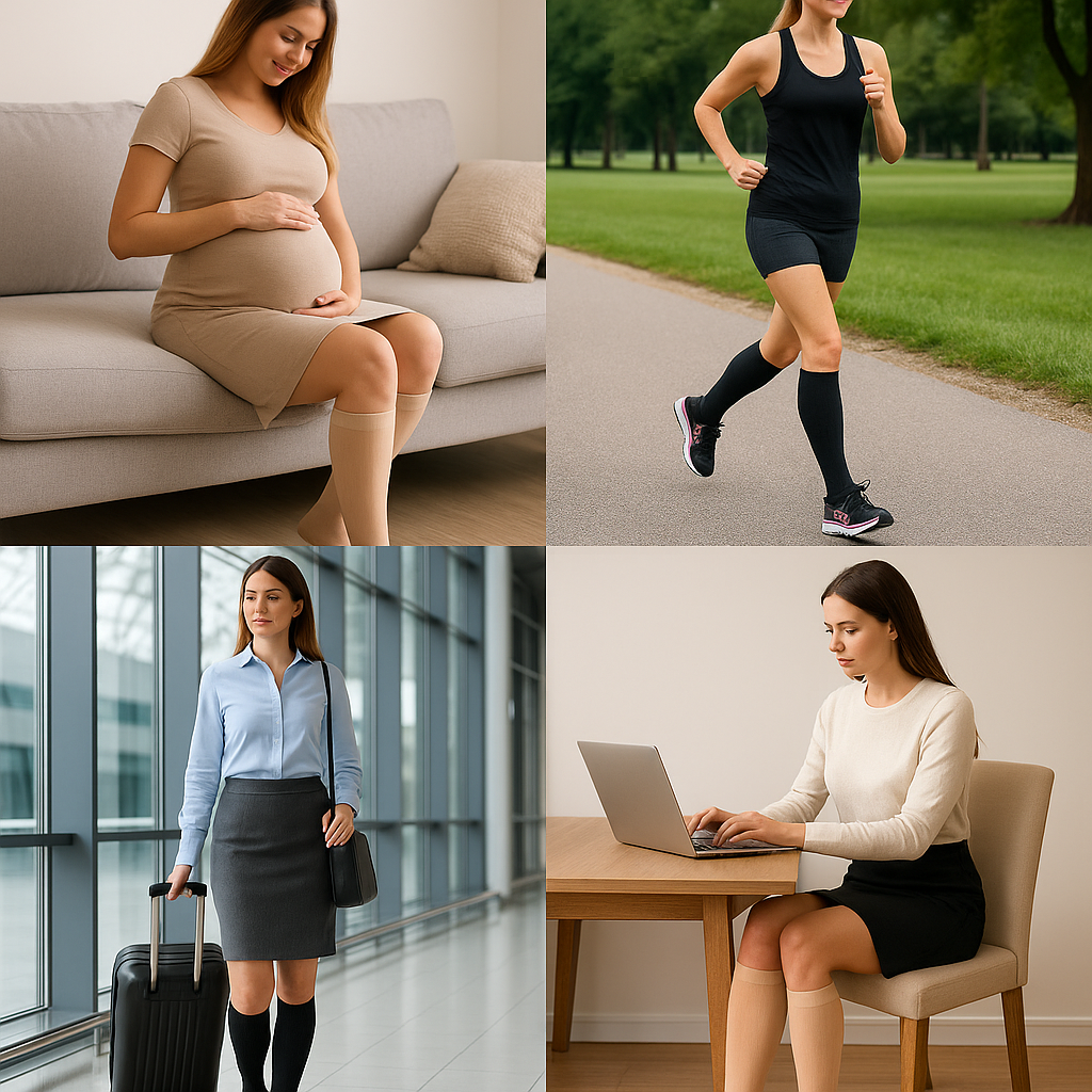 Mulheres usando meias de compressão em diferentes situações: gestação, corrida, viagem e trabalho – conforto e alívio para as pernas o dia todo