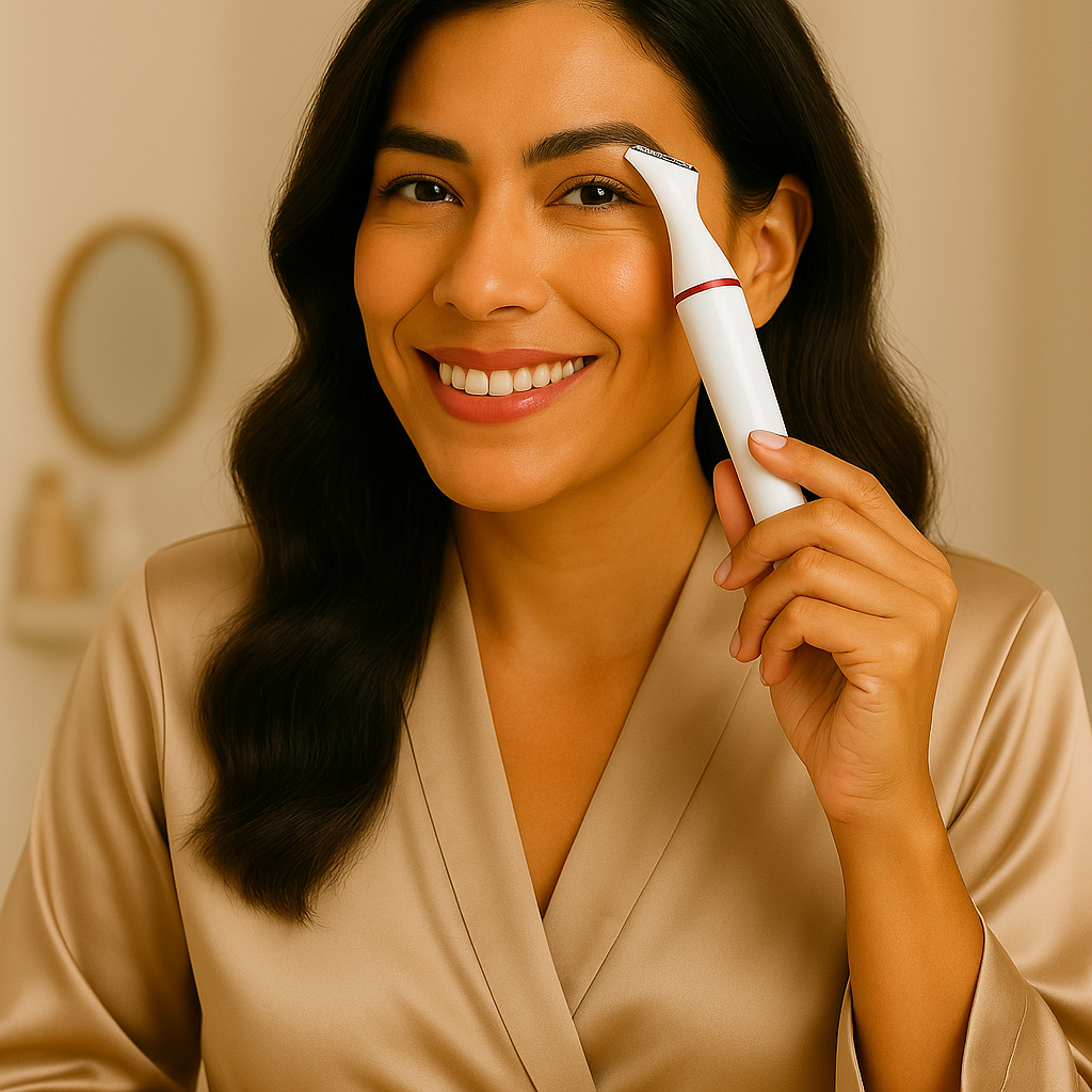 Mulher de pele morena e cabelos longos ondulados, sorrindo enquanto usa um depilador elétrico branco com detalhe vermelho na sobrancelha. Ela veste um robe de cetim bege e está em frente a um espelho em um ambiente suave e iluminado.