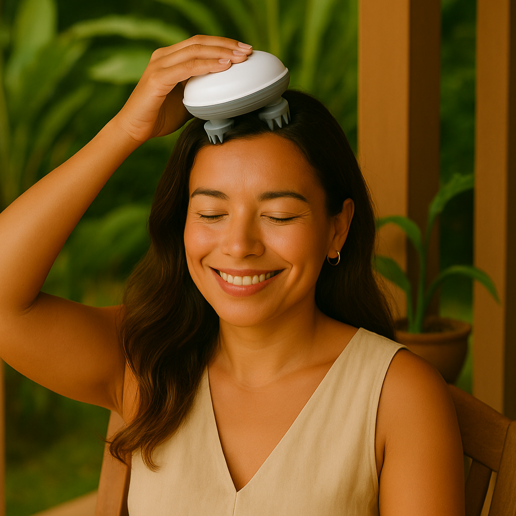 Mulher relaxando com massageador elétrico portátil no couro cabeludo – produto Pura Magia Beleza