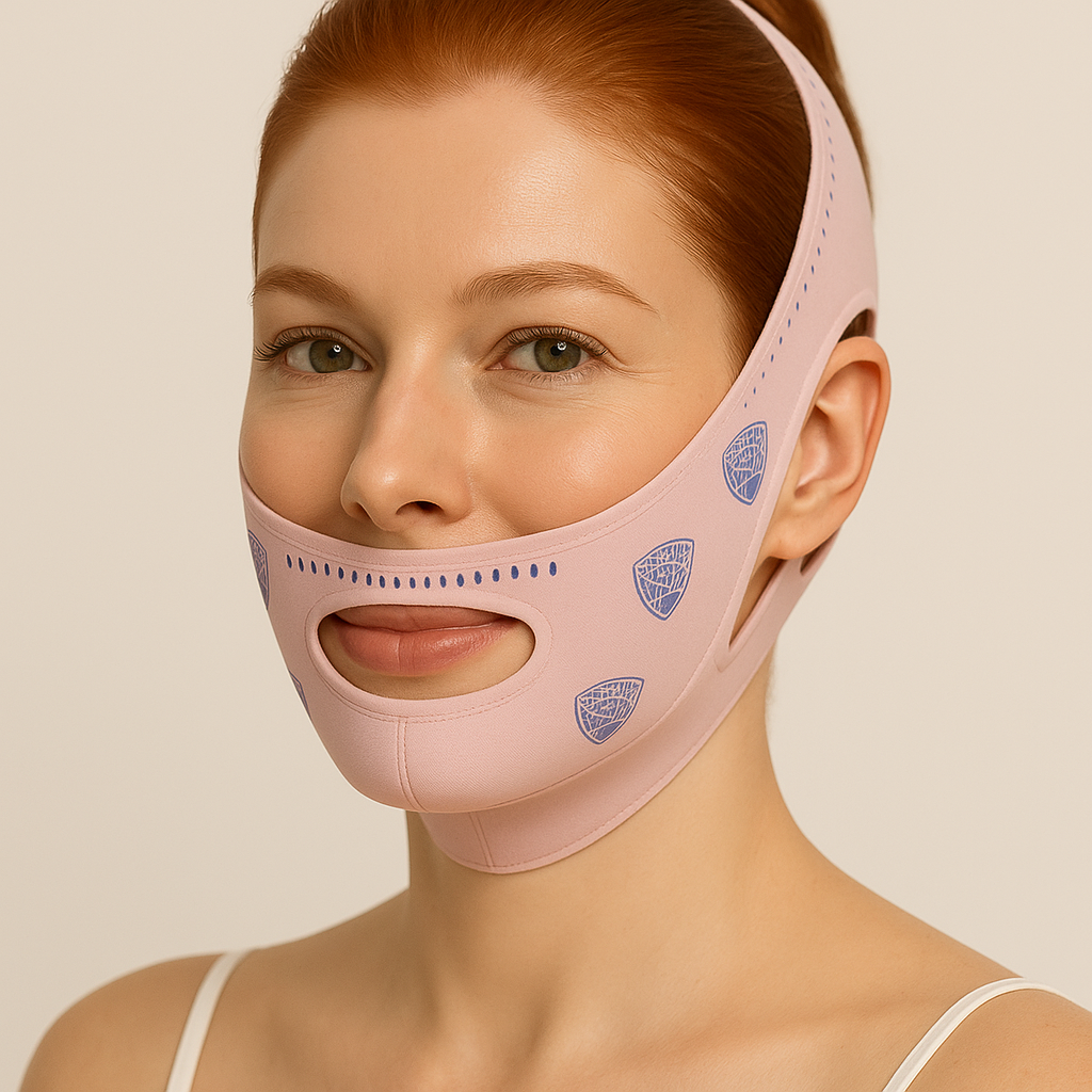 Mulher usando a V-Revitalize™ – máscara facial de contorno com efeito lifting