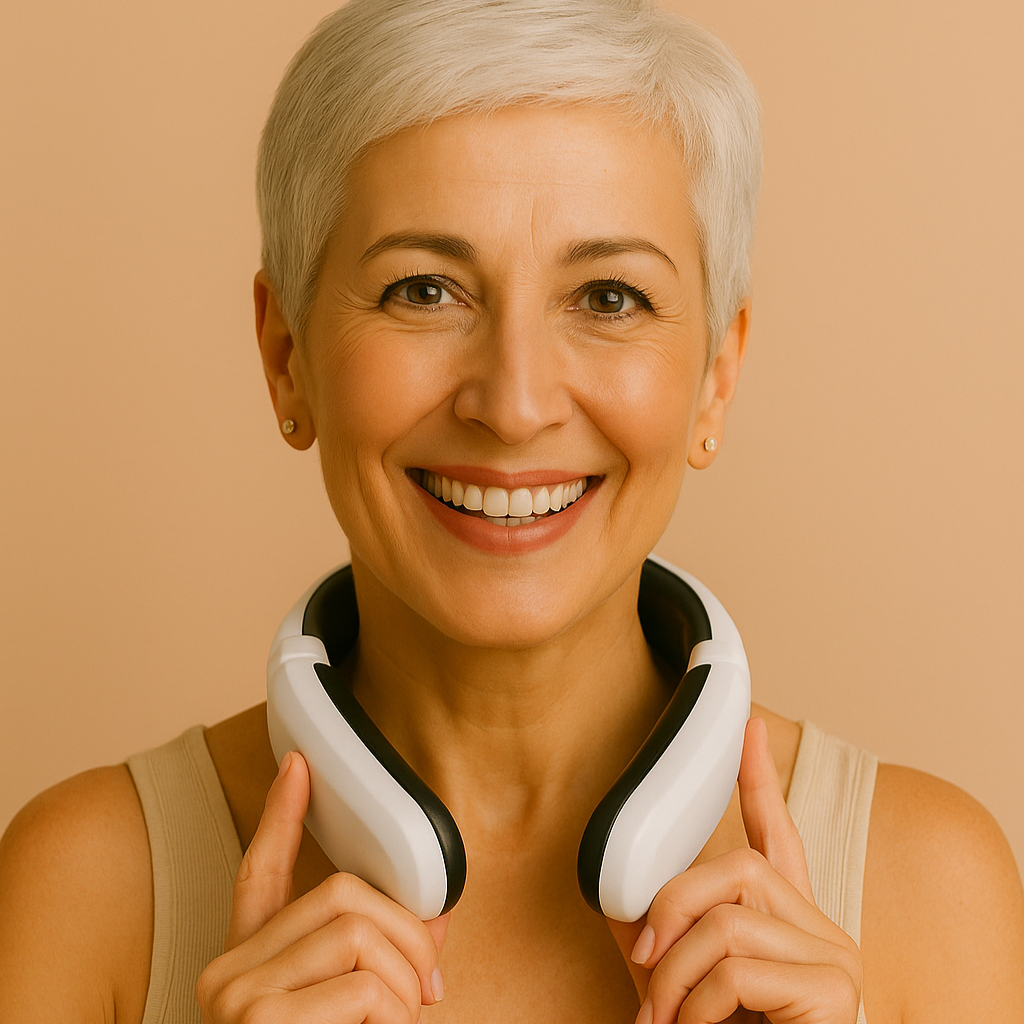 Mulher segurando massageador elétrico branco no pescoço. Produto de bem-estar e autocuidado.