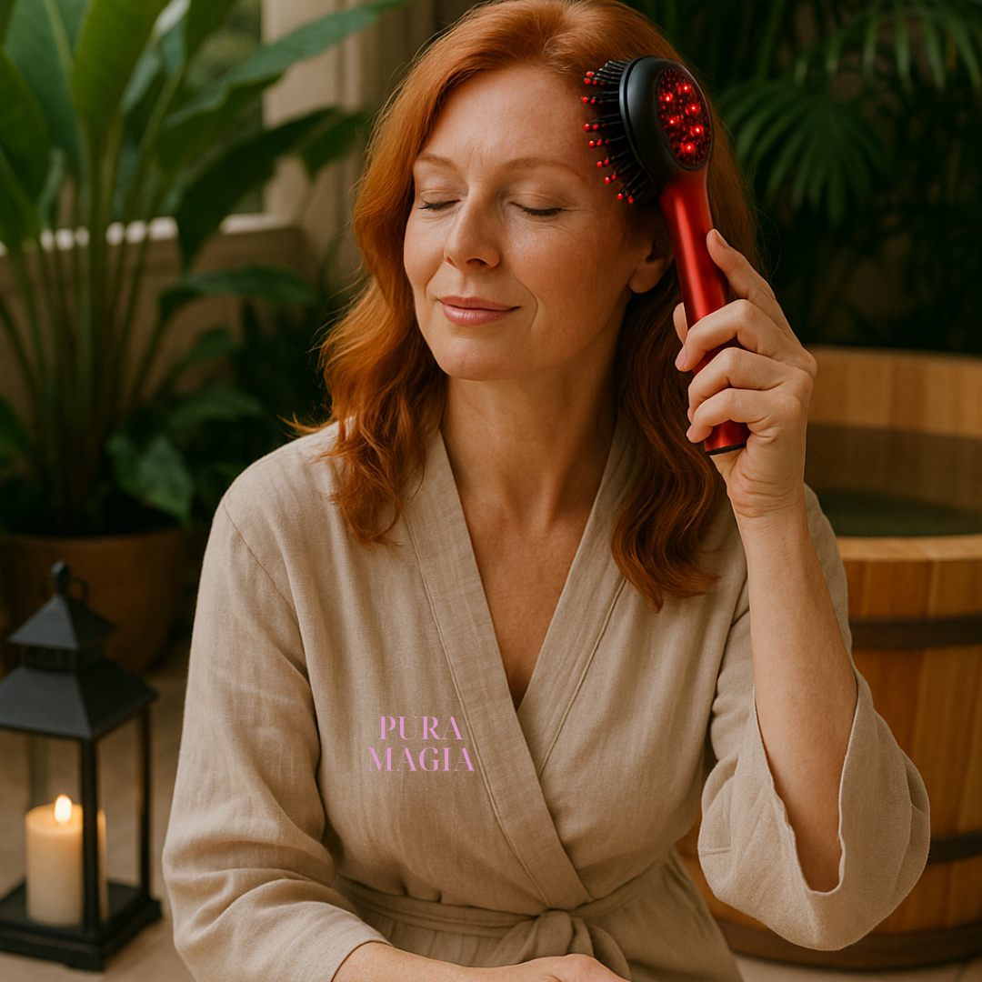 Pessoa utilizando massageador capilar com luz vermelha no couro cabeludo para estimular o crescimento dos fios