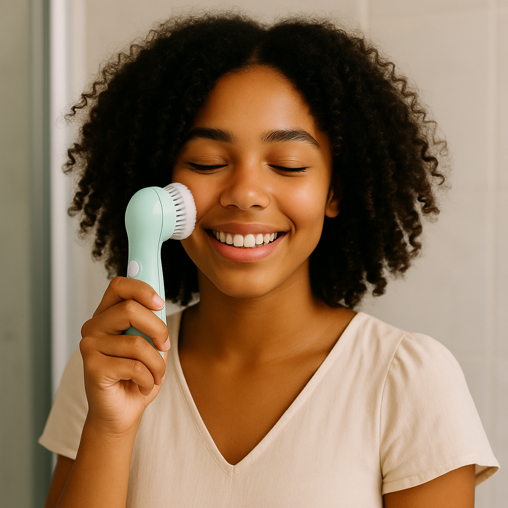 Mulher usando escova facial elétrica 5 em 1 com cabeçotes de limpeza no rosto