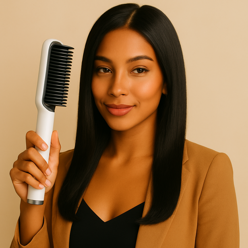 Escova alisadora elétrica branca com design moderno ao lado do retrato de uma mulher de cabelos lisos, pretos e brilhantes, demonstrando o resultado do uso do produto.