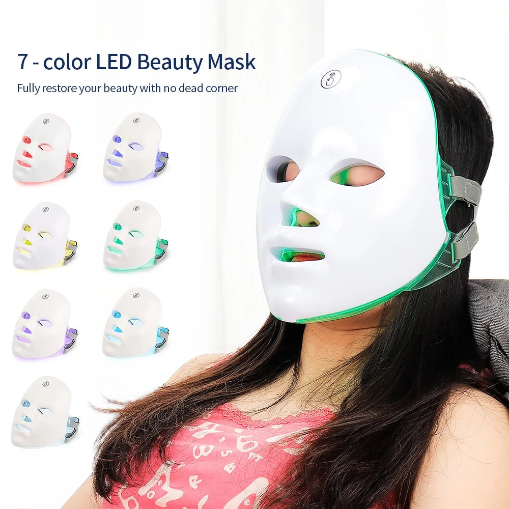 Máscara Facial LED 7 Cores para rejuvenescimento, tratamento antiacne e antirrugas.