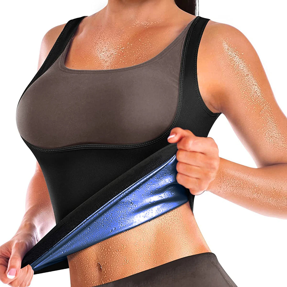Mulher usando colete efeito sauna azul durante exercício leve. O colete modela a cintura, promove transpiração e oferece suporte para costas e postura.