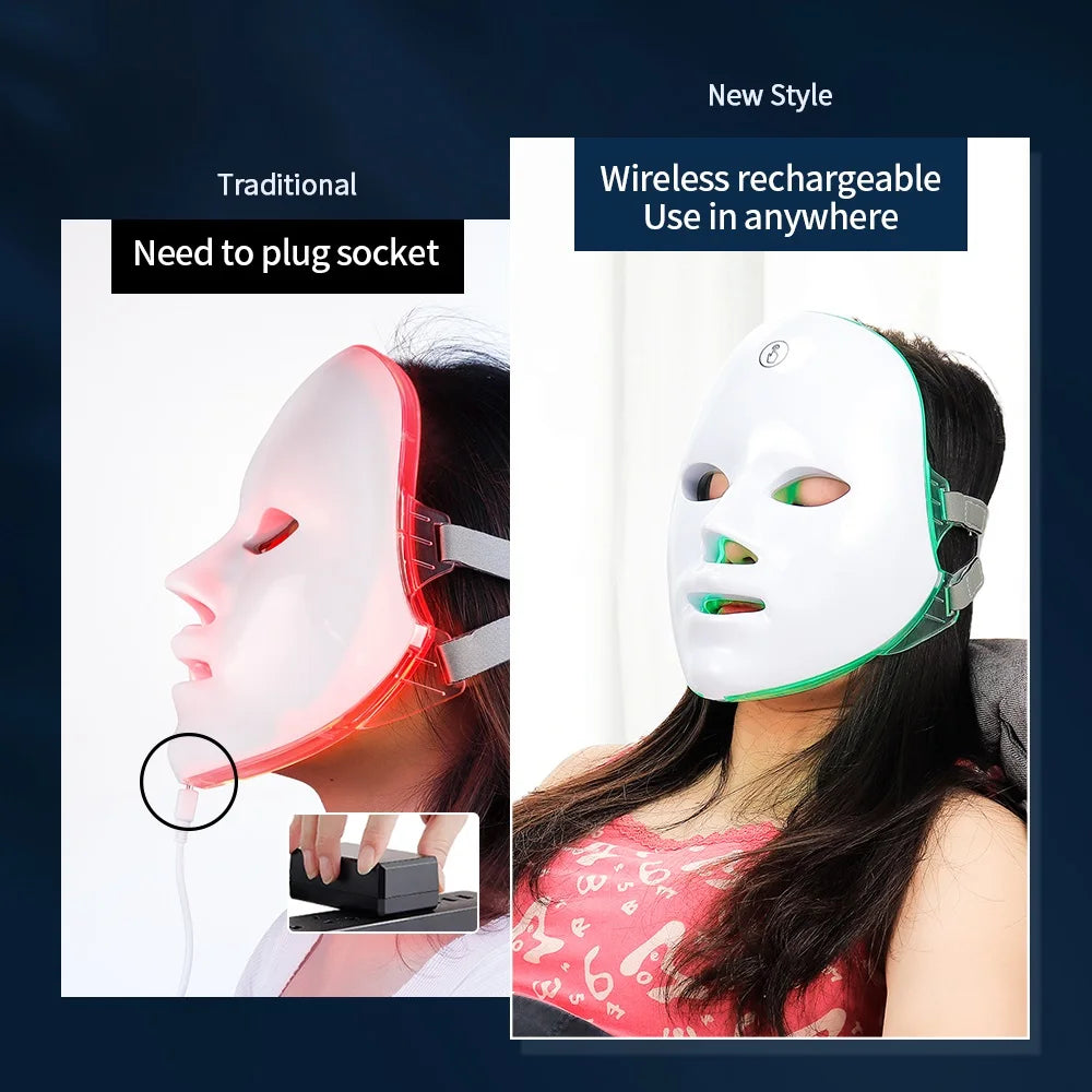 Máscara Facial LED 7 Cores para rejuvenescimento, tratamento antiacne e antirrugas.