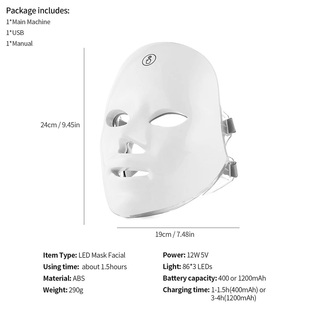 Máscara Facial LED 7 Cores para rejuvenescimento, tratamento antiacne e antirrugas.