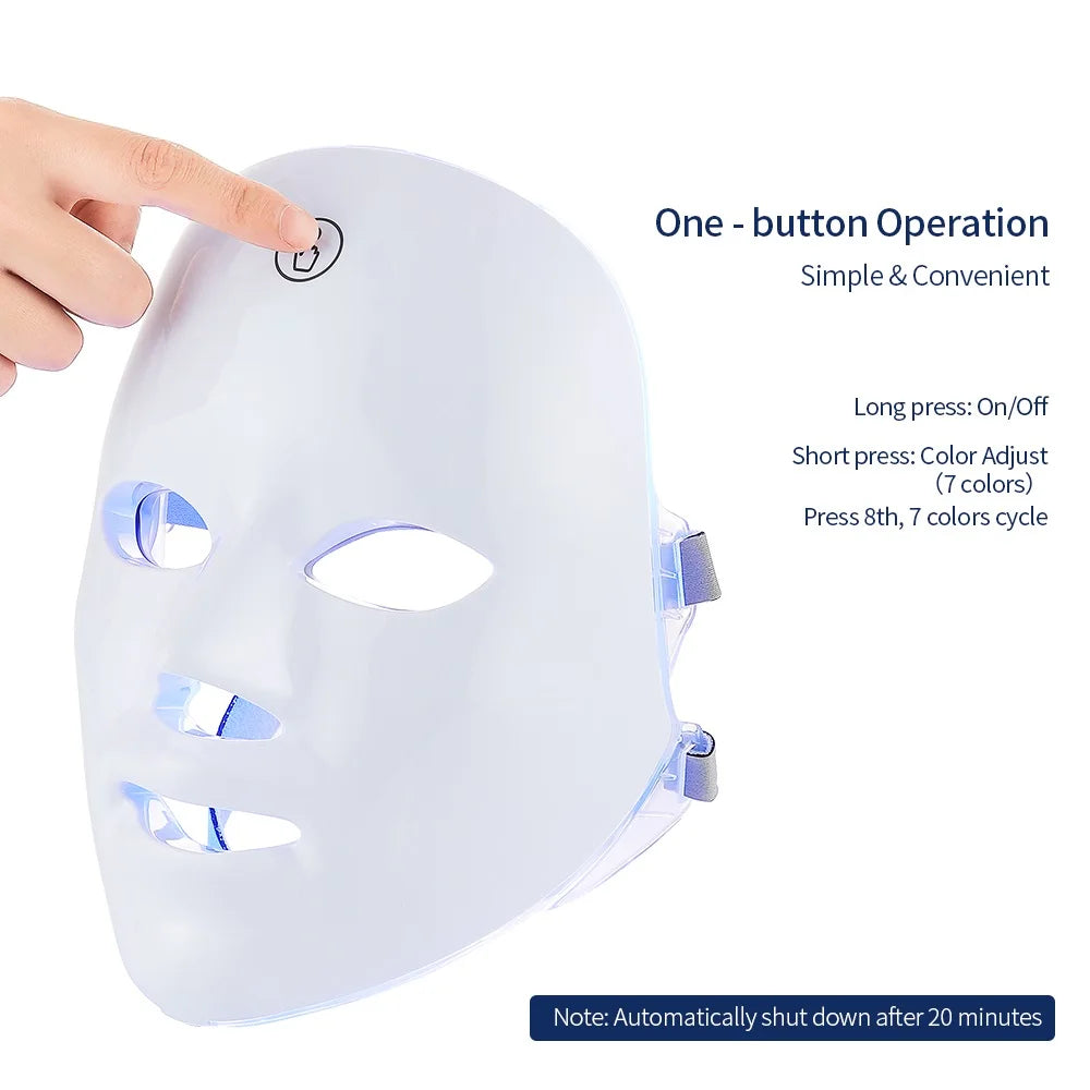 Máscara Facial LED 7 Cores para rejuvenescimento, tratamento antiacne e antirrugas.