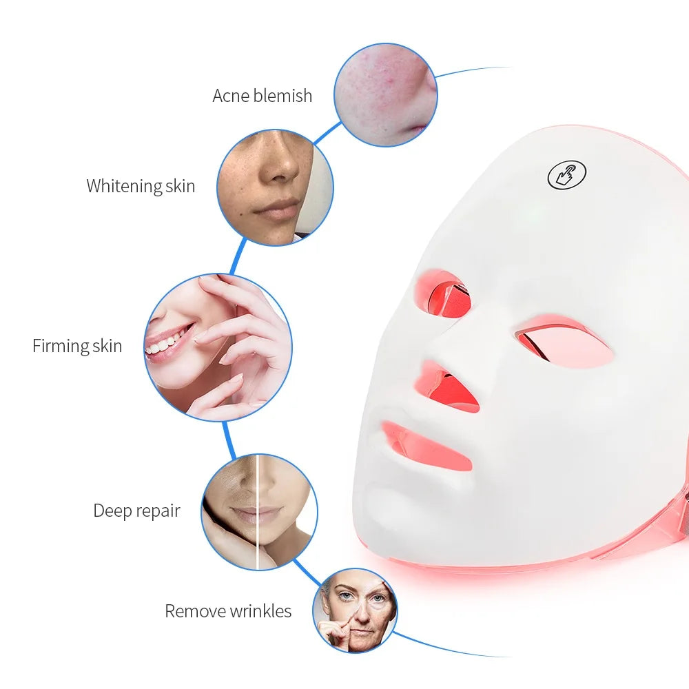 Máscara Facial LED 7 Cores para rejuvenescimento, tratamento antiacne e antirrugas.
