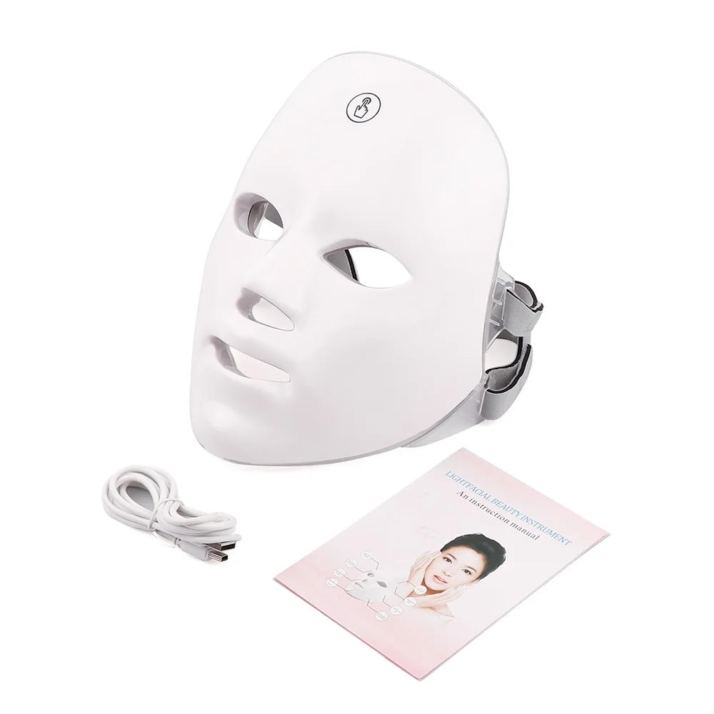 Máscara Facial LED 7 Cores para rejuvenescimento, tratamento antiacne e antirrugas.