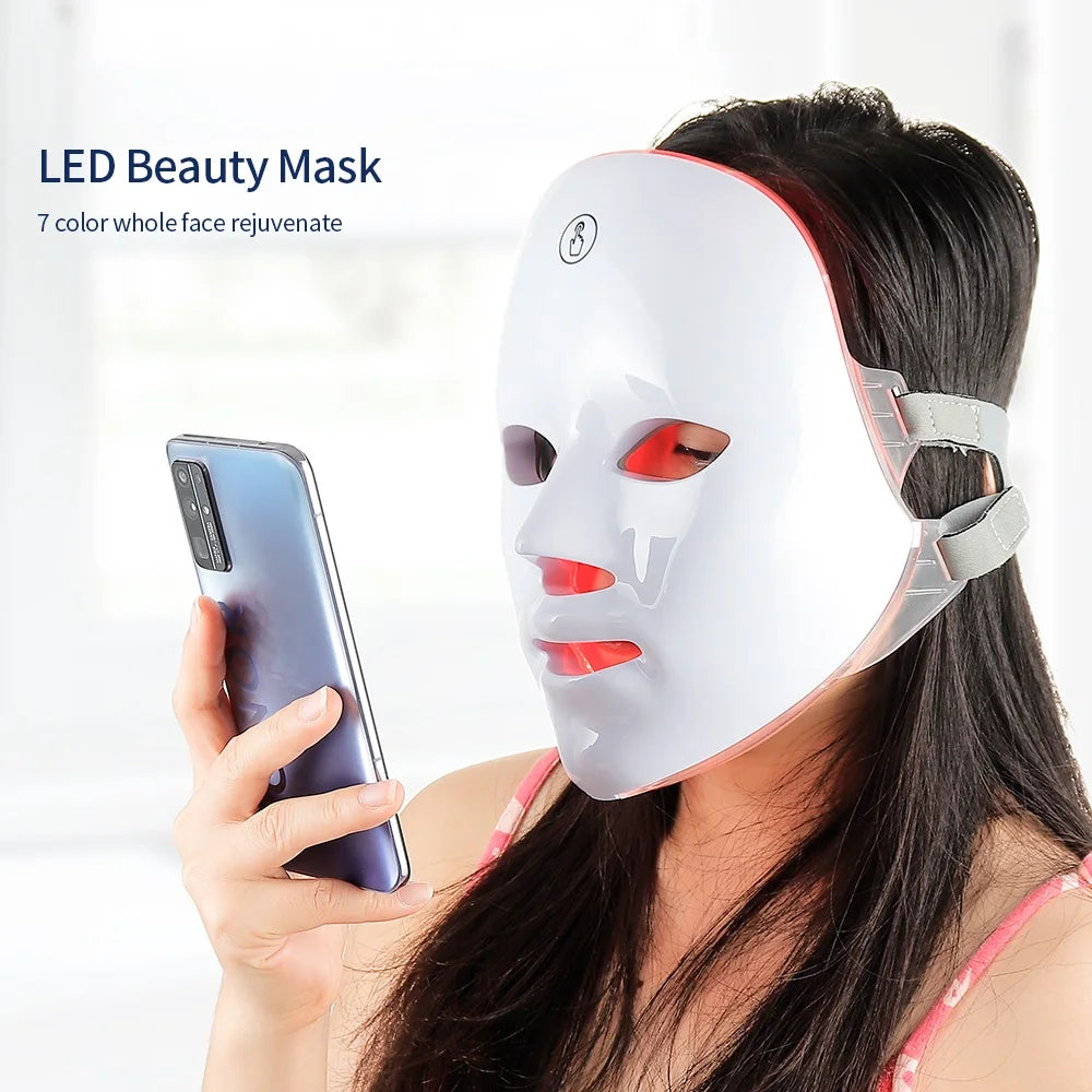 Máscara Facial LED 7 Cores para rejuvenescimento, tratamento antiacne e antirrugas.