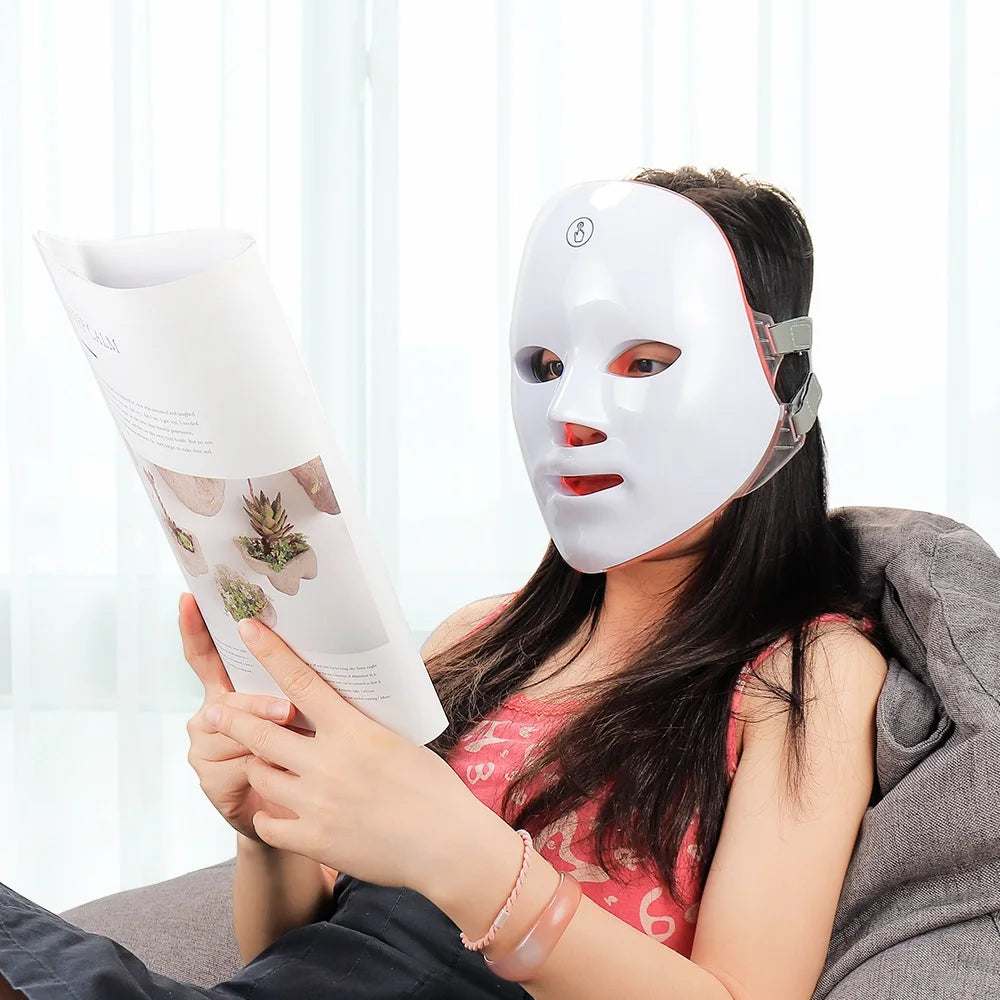 Máscara Facial LED 7 Cores para rejuvenescimento, tratamento antiacne e antirrugas.