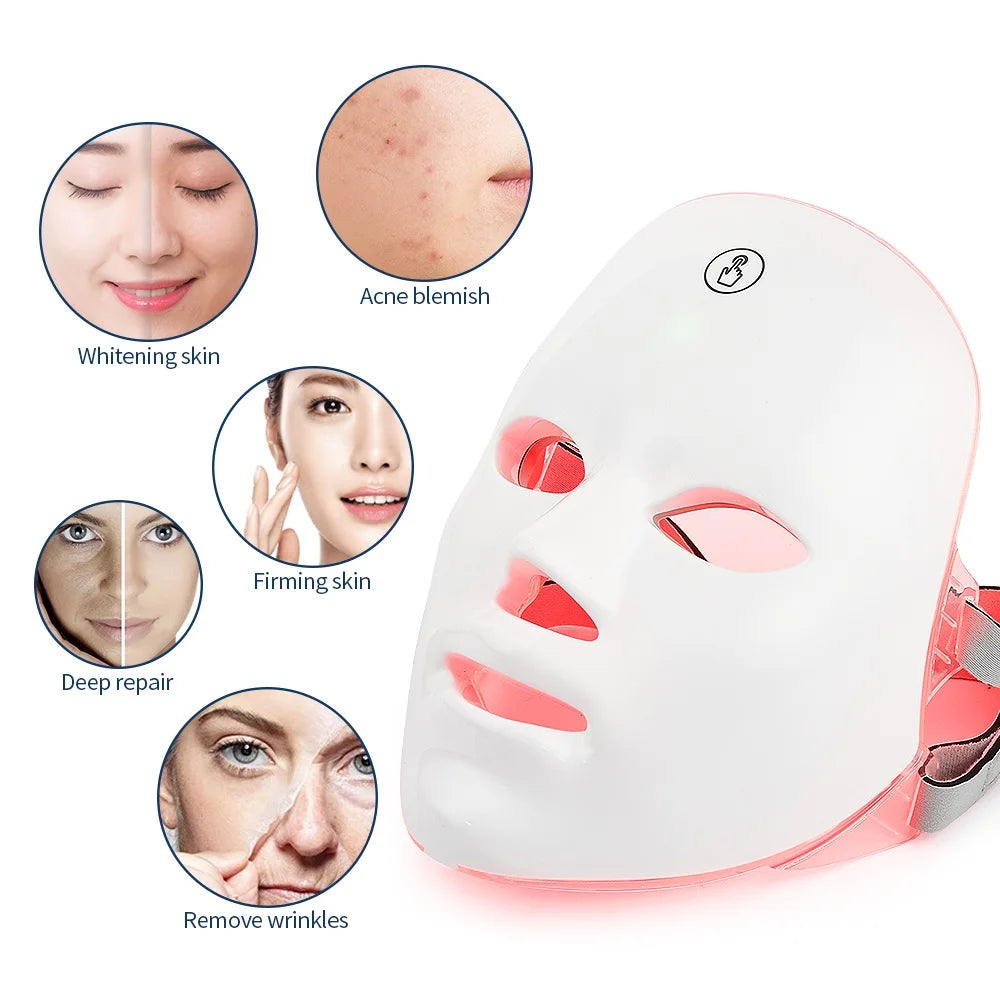 Máscara Facial LED 7 Cores para rejuvenescimento, tratamento antiacne e antirrugas.