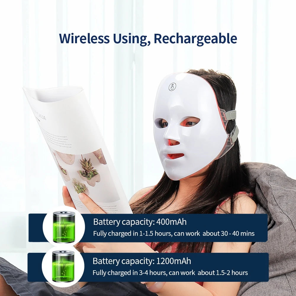 Máscara Facial LED 7 Cores para rejuvenescimento, tratamento antiacne e antirrugas.