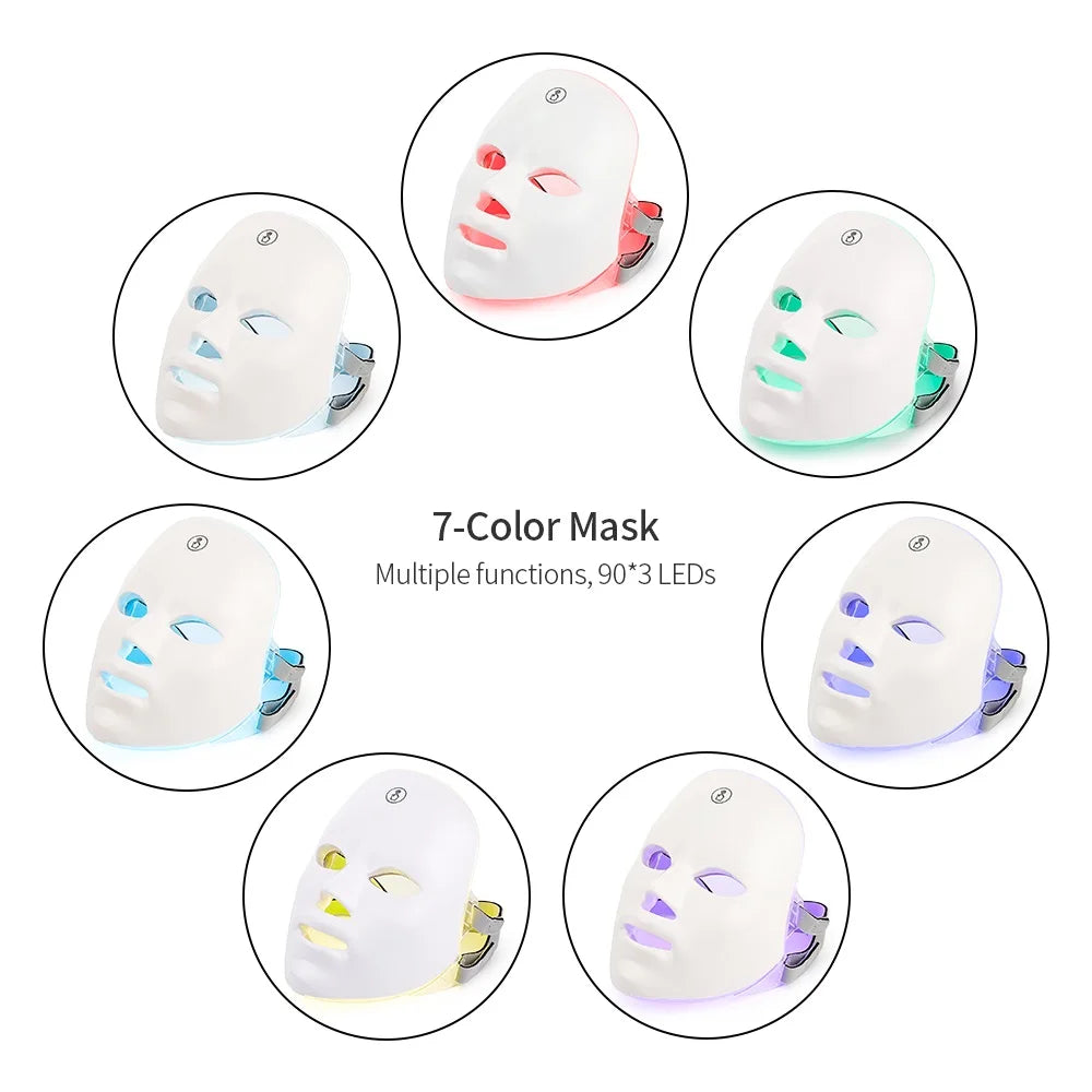 Máscara Facial LED 7 Cores para rejuvenescimento, tratamento antiacne e antirrugas.