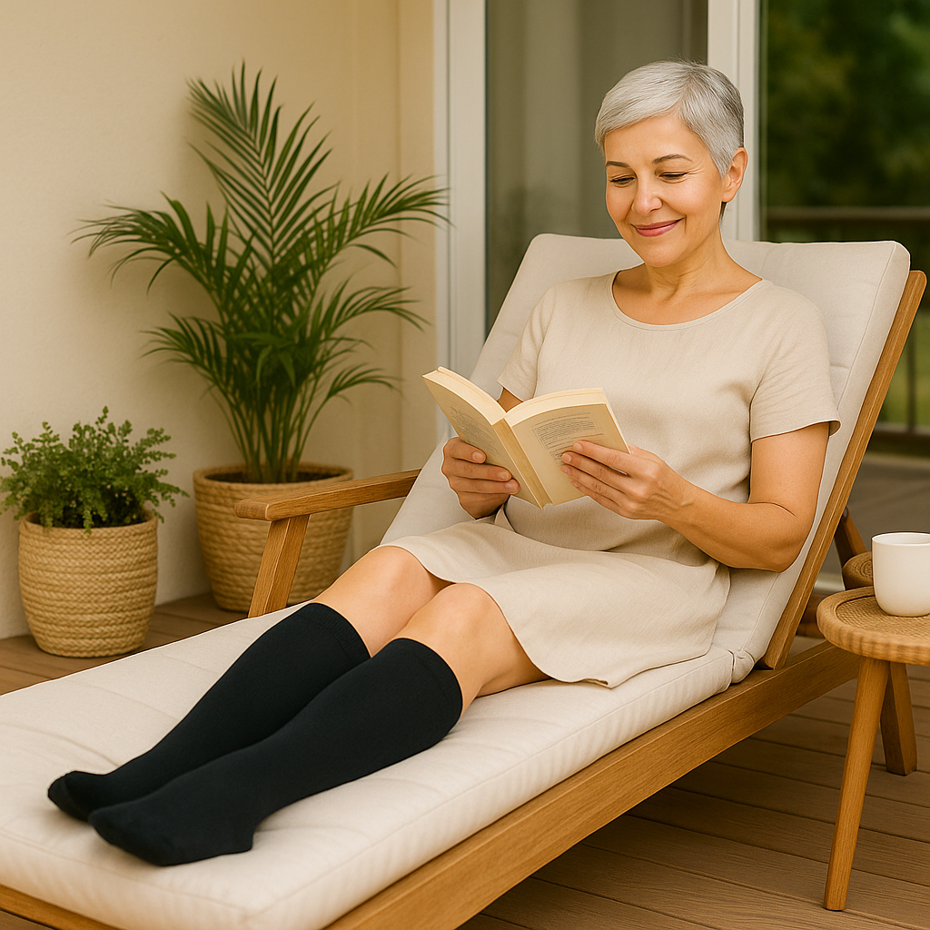 Mulher usando meias de compressao e lendo um livro na varanda