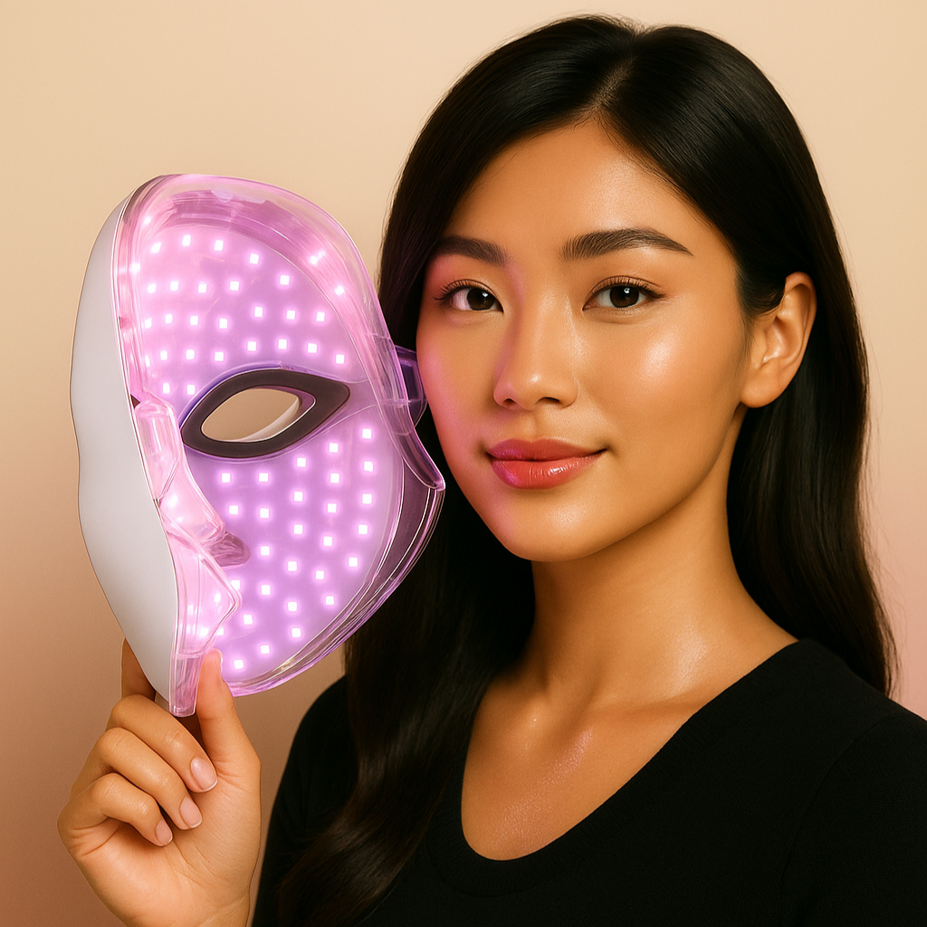Mulher jovem segurando máscara facial de LED acesa em tons roxos, com fundo em cores suaves. Tecnologia de fototerapia para cuidados com a pele.