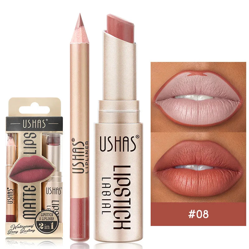 Kit USHAS Batom e Lápis Labial Matte - Definição e Cor para Lábios Incríveis