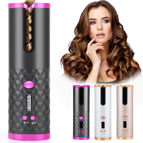 Mulher usando o modelador de cachos sem fio Auto Curler