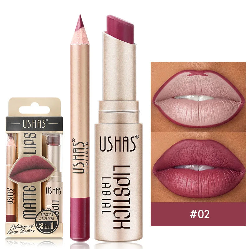 Kit USHAS Batom e Lápis Labial Matte - Definição e Cor para Lábios Incríveis
