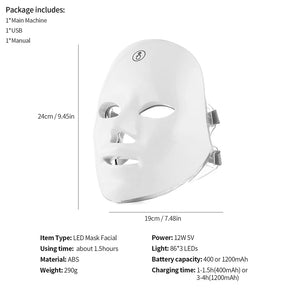 Máscara Facial LED 7 Cores para rejuvenescimento, tratamento antiacne e antirrugas.