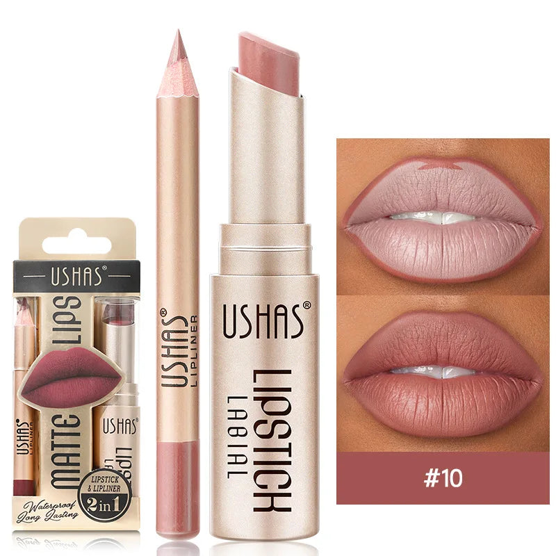 Kit USHAS Batom e Lápis Labial Matte - Definição e Cor para Lábios Incríveis