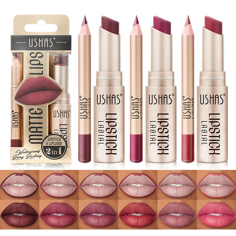 Kit USHAS 12 Lápis Labiais e Batons Matte – Definição e Cor para Lábios Perfeitos