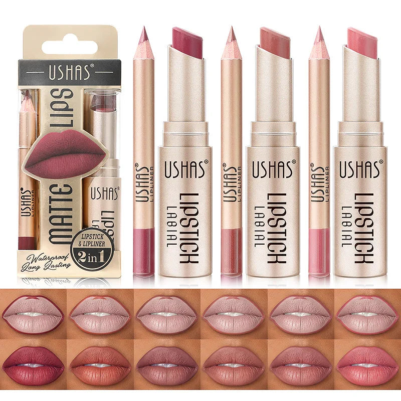 Kit USHAS Batom e Lápis Labial Matte - Definição e Cor para Lábios Incríveis