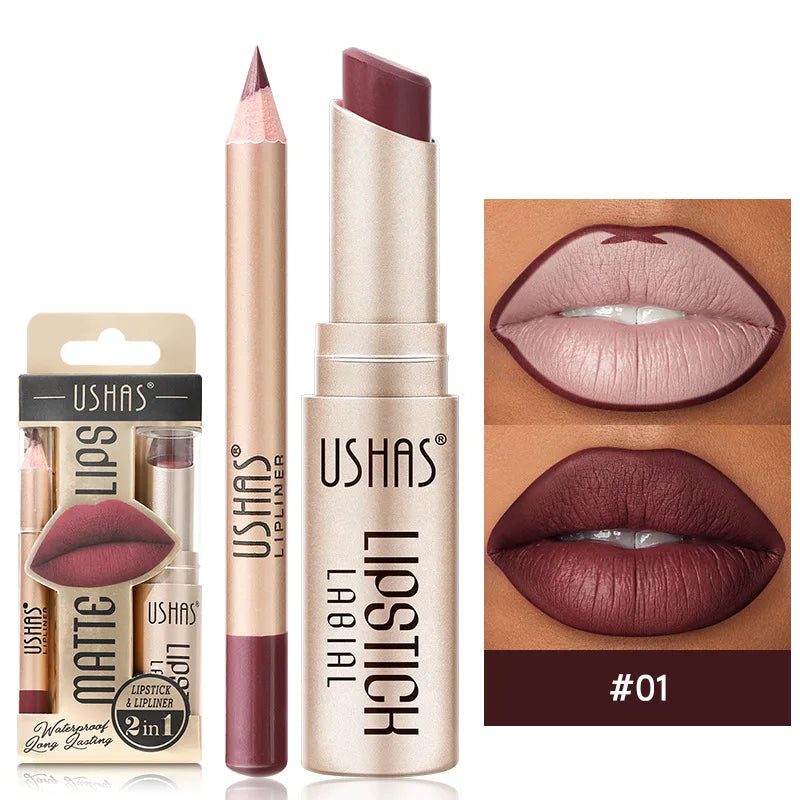 Kit USHAS Batom e Lápis Labial Matte - Definição e Cor para Lábios Incríveis